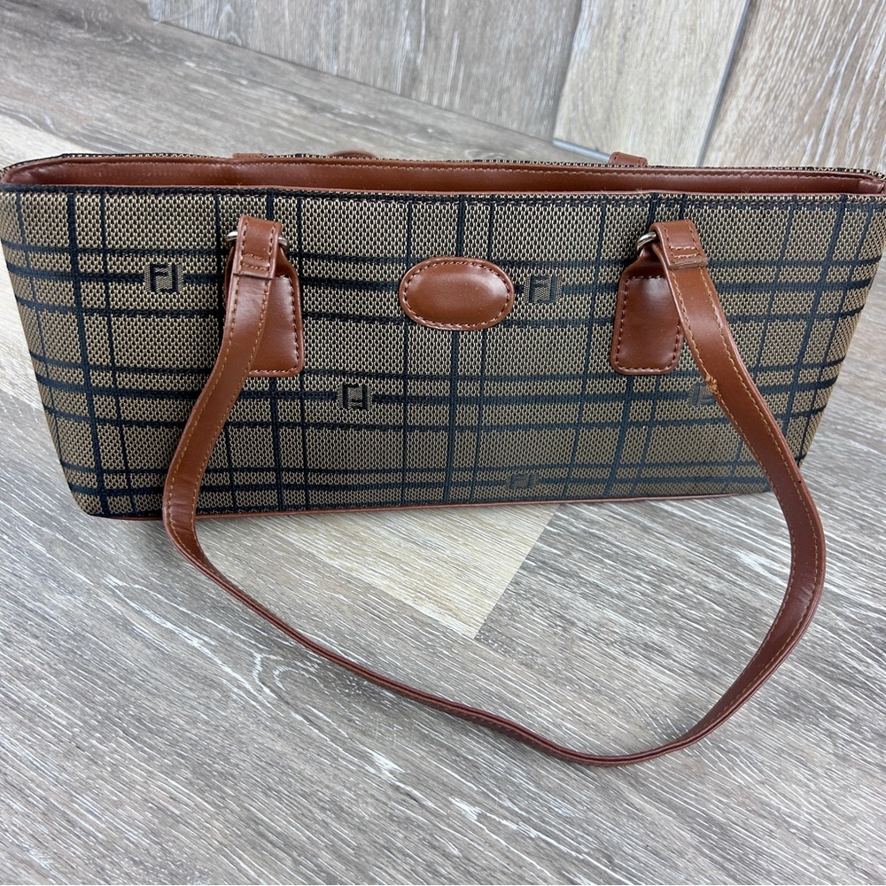 Vintage Plaid Leather Trim Tote Bag | Classic Check Shoulder Purse